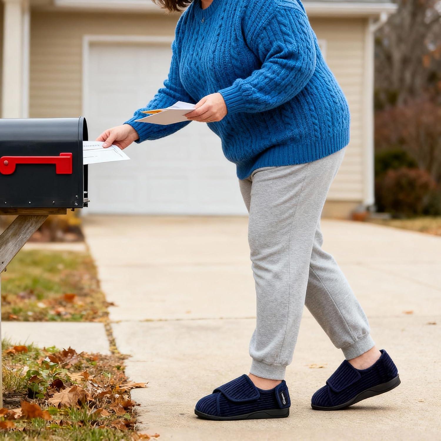 imageHomeTop Womens Corduroy Slippers Comfy Adjustable Hook and Loop Memory Foam Indoor Closedback House Shoes for Diabetic Swollen FeetDark Galaxy Blue