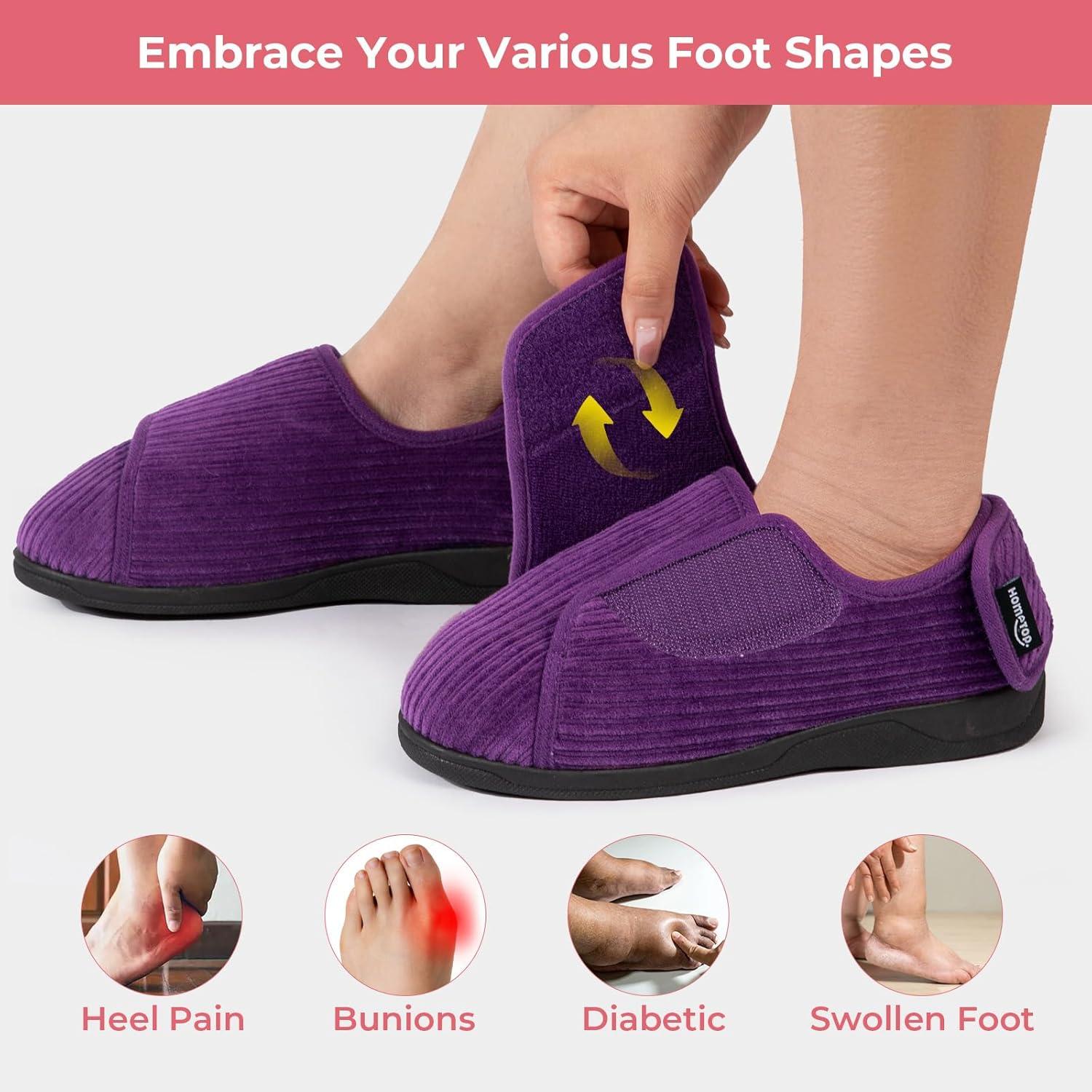 imageHomeTop Womens Corduroy Slippers Comfy Adjustable Hook and Loop Memory Foam Indoor Closedback House Shoes for Diabetic Swollen FeetMauve Purple
