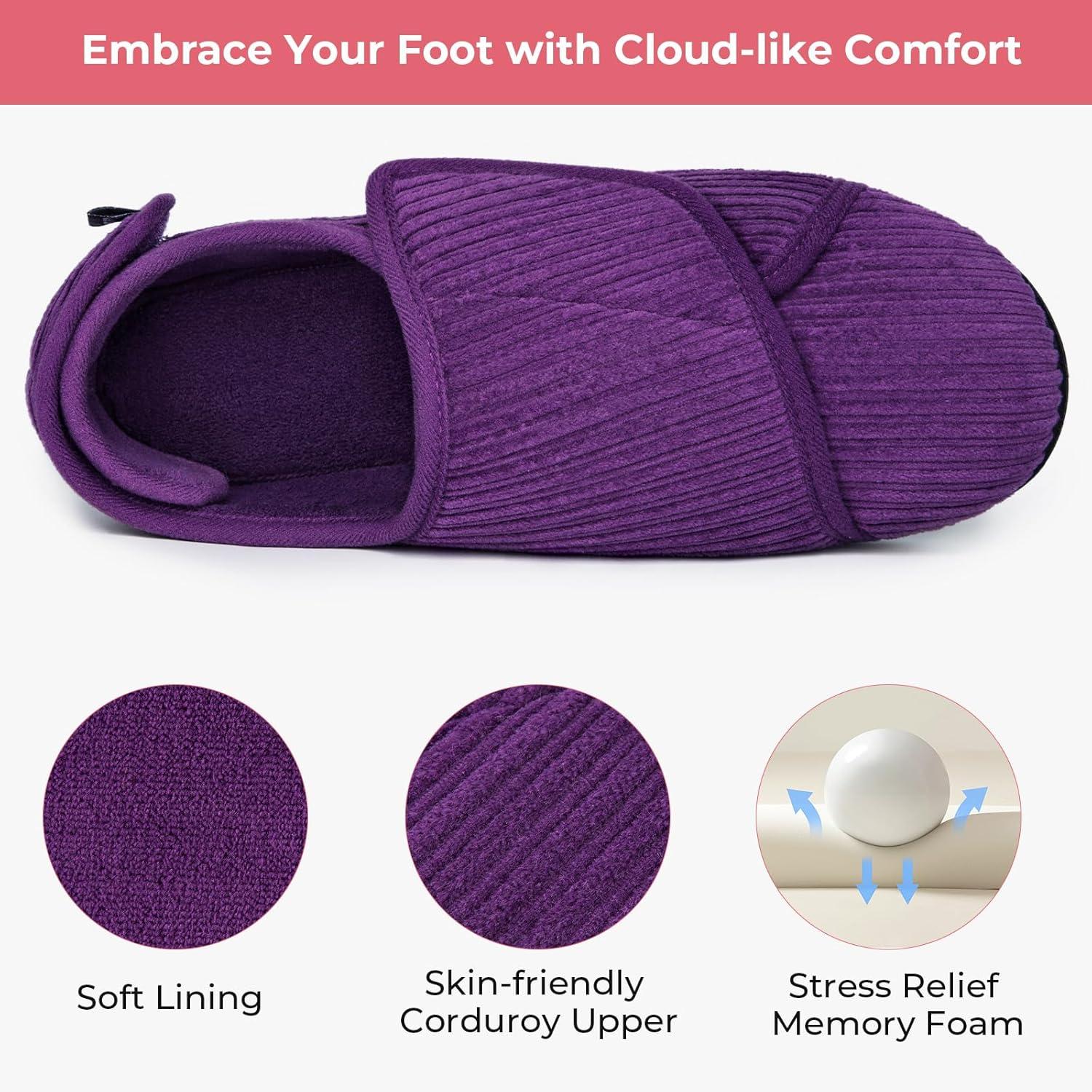 imageHomeTop Womens Corduroy Slippers Comfy Adjustable Hook and Loop Memory Foam Indoor Closedback House Shoes for Diabetic Swollen FeetMauve Purple