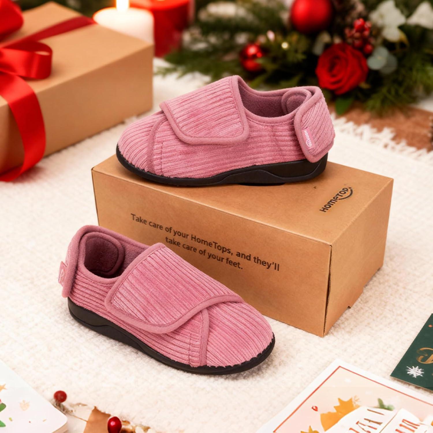 imageHomeTop Womens Corduroy Slippers Comfy Adjustable Hook and Loop Memory Foam Indoor Closedback House Shoes for Diabetic Swollen FeetMauve Purple