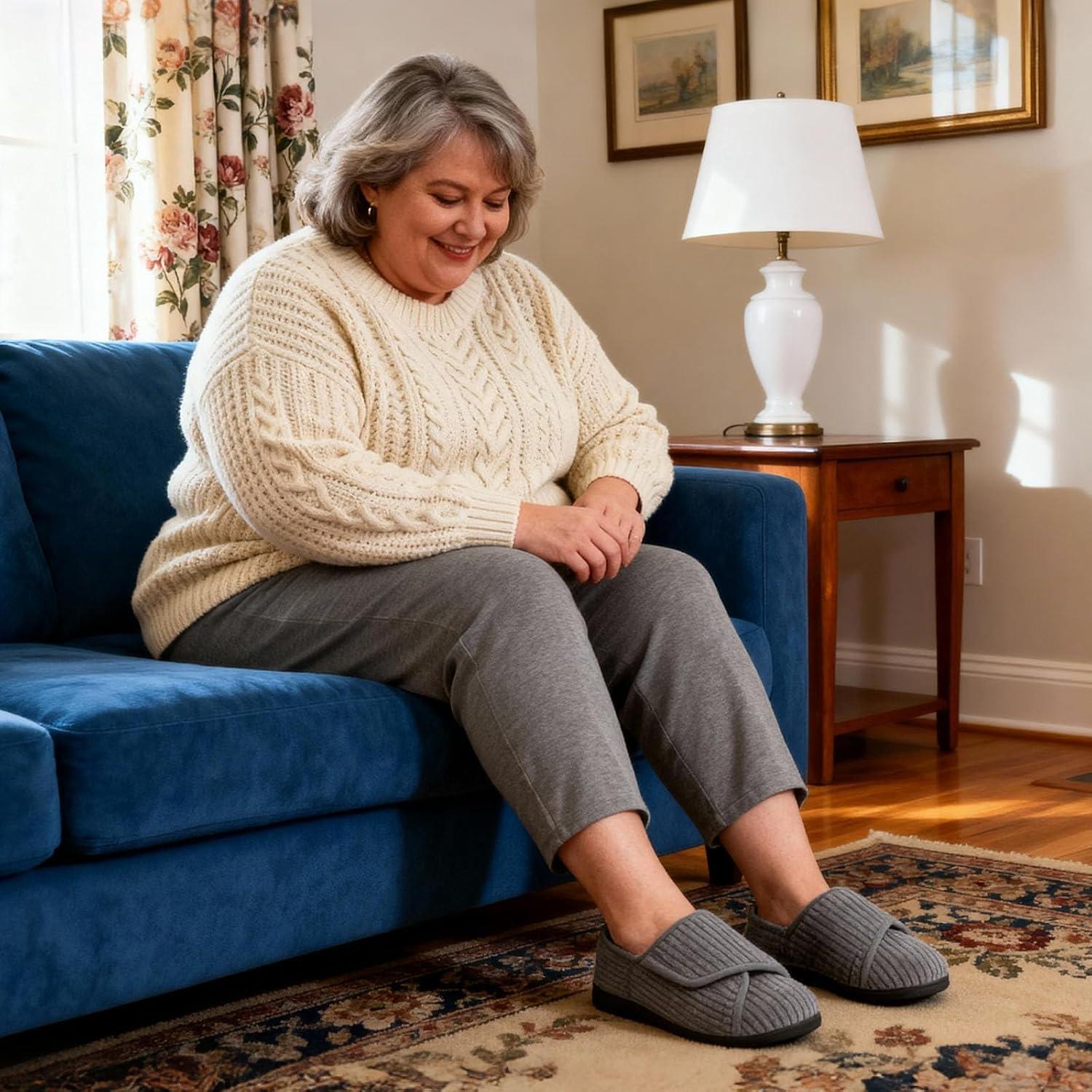 imageHomeTop Womens Corduroy Slippers Comfy Adjustable Hook and Loop Memory Foam Indoor Closedback House Shoes for Diabetic Swollen FeetUltimate Gray