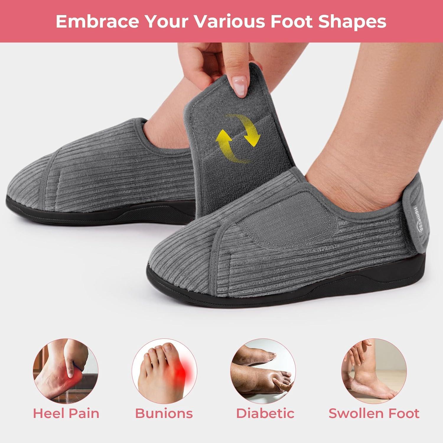imageHomeTop Womens Corduroy Slippers Comfy Adjustable Hook and Loop Memory Foam Indoor Closedback House Shoes for Diabetic Swollen FeetUltimate Gray