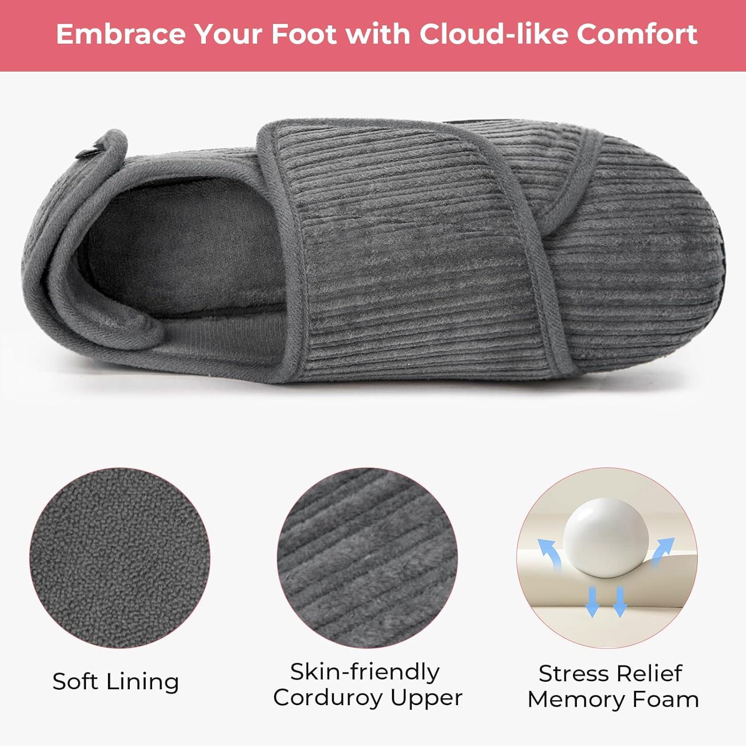 imageHomeTop Womens Corduroy Slippers Comfy Adjustable Hook and Loop Memory Foam Indoor Closedback House Shoes for Diabetic Swollen FeetUltimate Gray