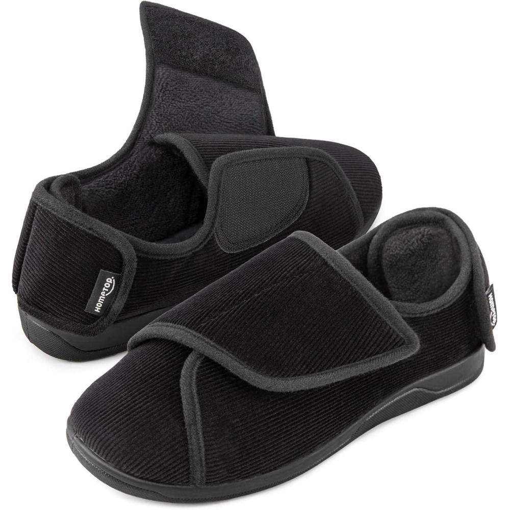 imageHomeTop Mens Corduroy Slippers Comfy Adjustable Hook and Loop Memory Foam Wide Indoor House Shoes for Diabetic Swollen FeetBlack