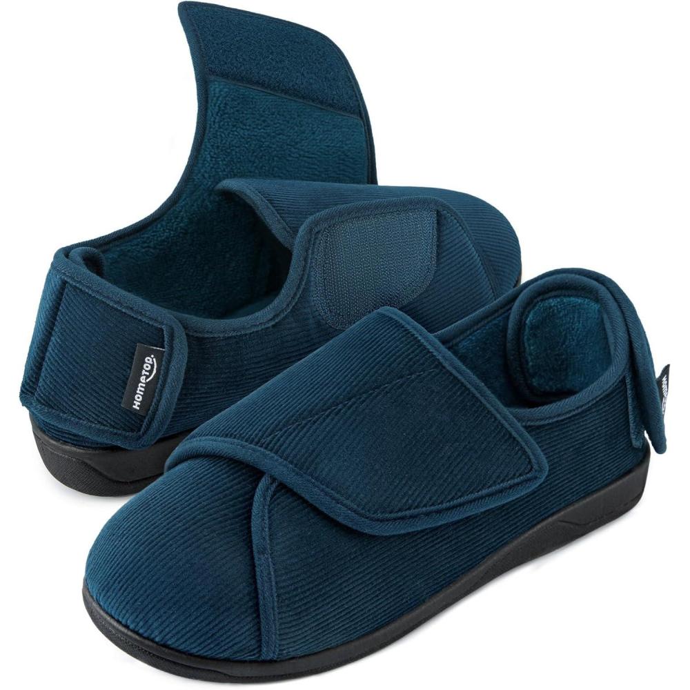 imageHomeTop Mens Corduroy Slippers Comfy Adjustable Hook and Loop Memory Foam Wide Indoor House Shoes for Diabetic Swollen FeetCadet Blue