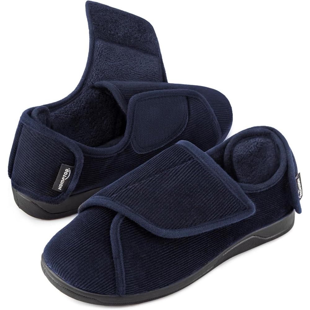 imageHomeTop Mens Corduroy Slippers Comfy Adjustable Hook and Loop Memory Foam Wide Indoor House Shoes for Diabetic Swollen FeetDeep Ocean Blue