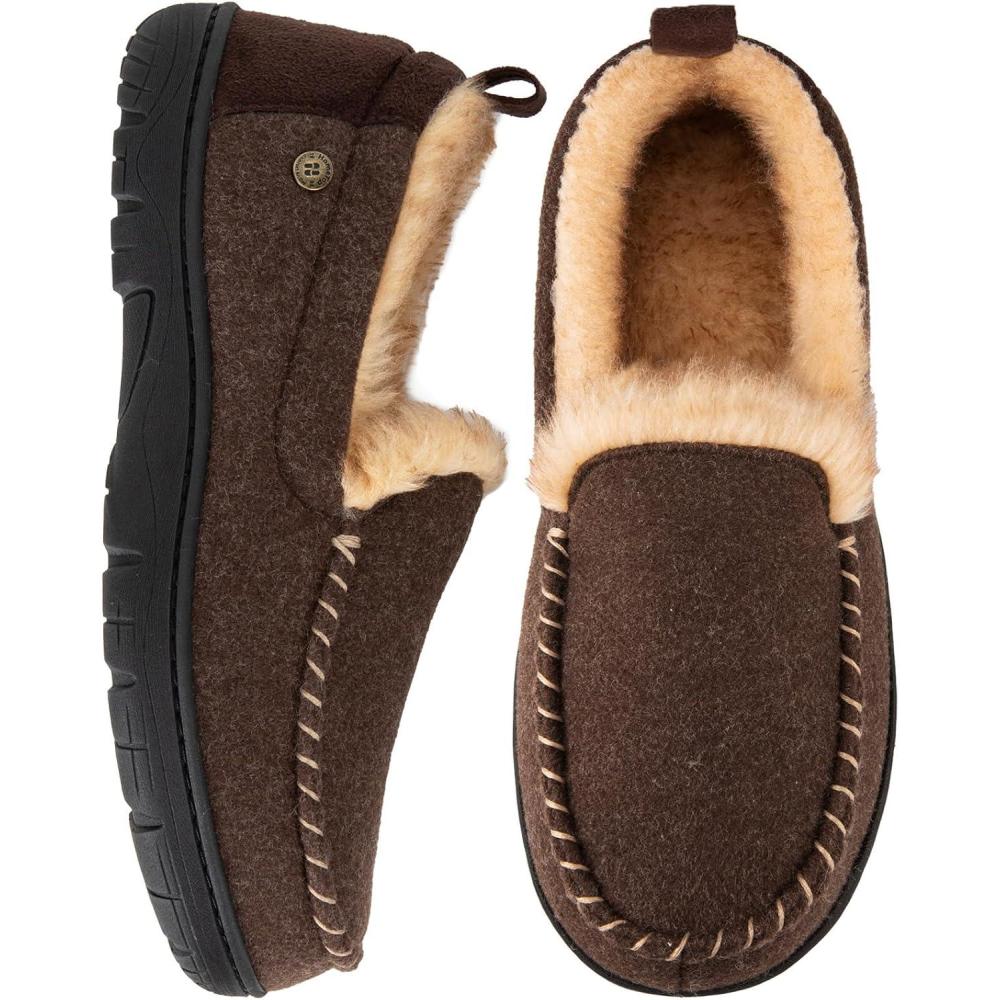 imageHomeTop Mens Memory Foam Moccasin Slippers Indoor and Outdoor Warm Fuzzy Fleece House ShoesChocolate Brown