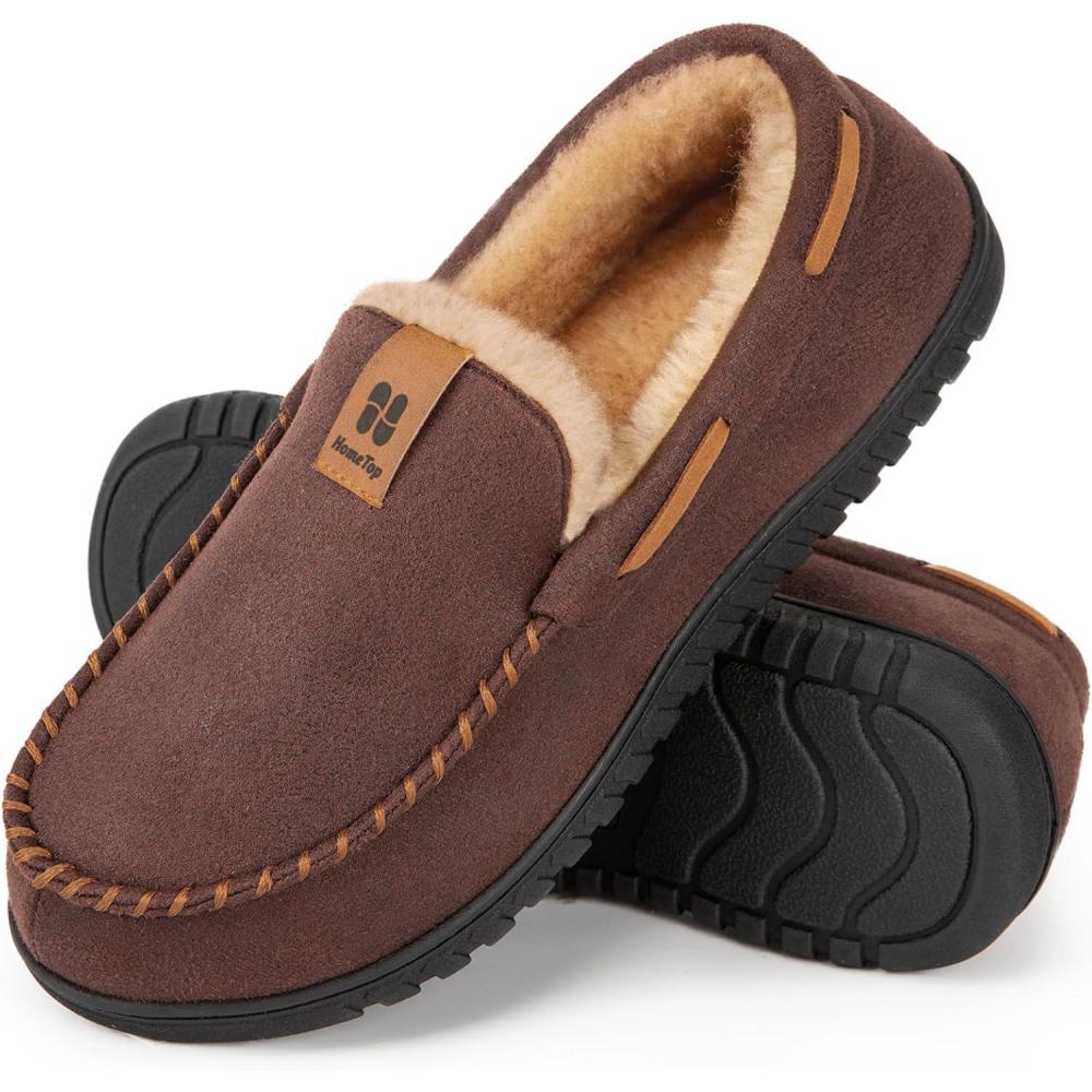 imageHomeTop Mens Suede Memory Foam Moccasin Slippers Soft Plush Warm Lining House ShoesCoffee