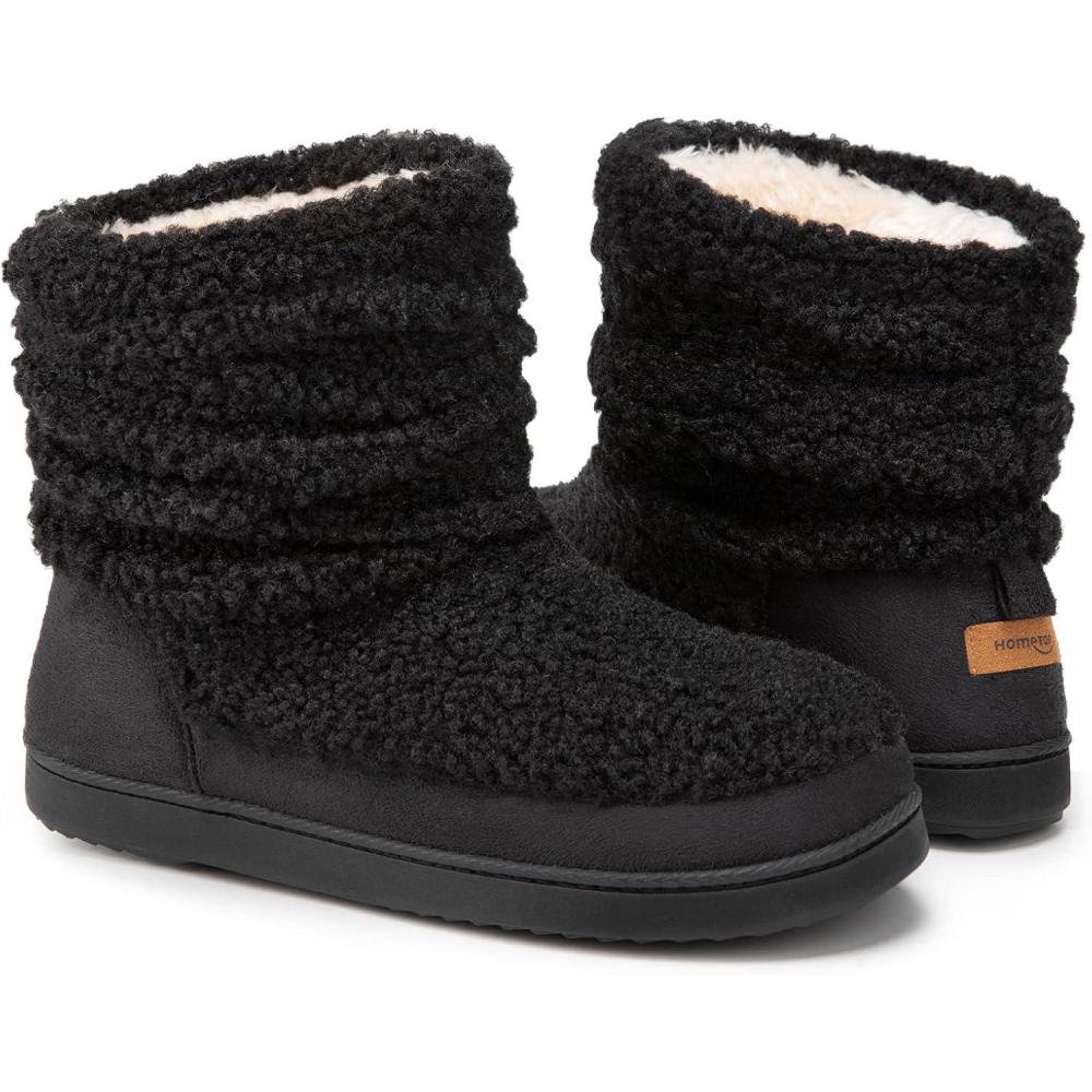 imageHomeTop Womens Bootie Slippers Fuzzy Warm Memory Foam Indoor House Shoes with Nonslip Rubber SolesBlack