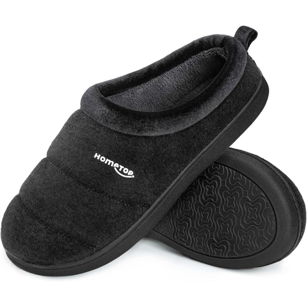 imageHomeTop Womens Comfy Quilted Slipper Soft Cashmere Like Slip on Memory Foam House ShoeDark Black