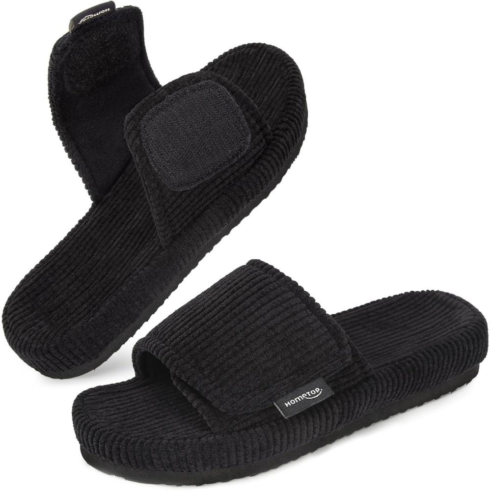 imageHomeTop Womens Corduroy Open Toe Slippers with Adjustable Closure Memory FoamMatte Black