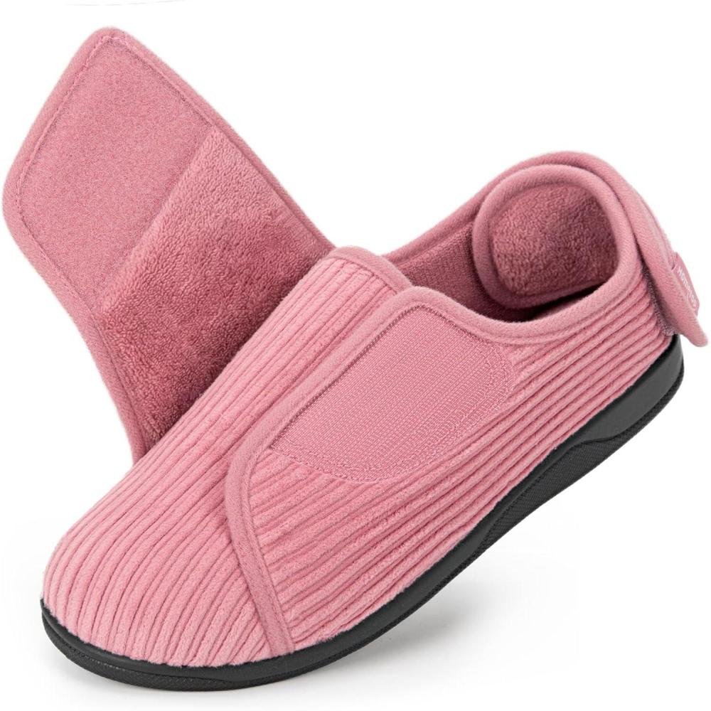 imageHomeTop Womens Corduroy Slippers Comfy Adjustable Hook and Loop Memory Foam Indoor Closedback House Shoes for Diabetic Swollen FeetLight Salmon Pink