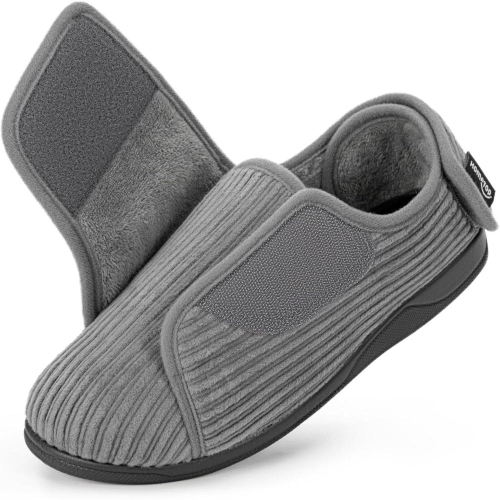 imageHomeTop Womens Corduroy Slippers Comfy Adjustable Hook and Loop Memory Foam Indoor Closedback House Shoes for Diabetic Swollen FeetUltimate Gray