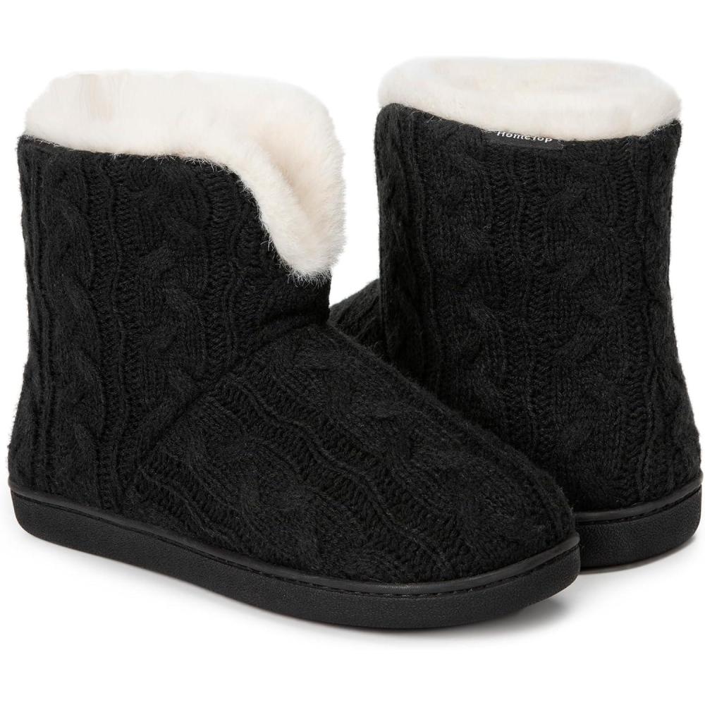 imageHomeTop Womens Knit Bootie Slippers Fuzzy Warm Memory Foam Indoor House ShoesDark Black