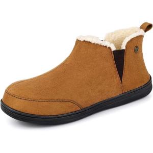 HomeTop Men’s Bootie Slippers Comfy Warm Soft Non-slip Indoor Memory Foam House Shoes with Elastic Gores(Tan)