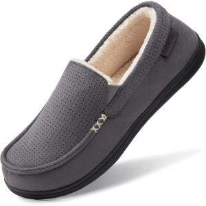 HomeTop Men’s Classic Moccasin Slippers Comfy Memory Foam Indoor House Shoes(Dark Gray)