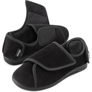 HomeTop Men’s Corduroy Slippers Comfy Adjustable Hook and Loop Memory Foam Wide Indoor House Shoes for Diabetic Swollen Feet(Black)