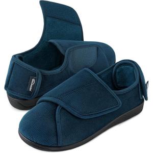HomeTop Men’s Corduroy Slippers Comfy Adjustable Hook and Loop Memory Foam Wide Indoor House Shoes for Diabetic Swollen Feet(Cadet Blue)