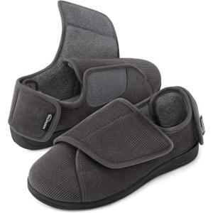 HomeTop Men’s Corduroy Slippers Comfy Adjustable Hook and Loop Memory Foam Wide Indoor House Shoes for Diabetic Swollen Feet(Charcoal Gray)