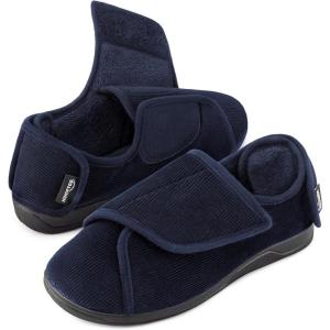 HomeTop Men’s Corduroy Slippers Comfy Adjustable Hook and Loop Memory Foam Wide Indoor House Shoes for Diabetic Swollen Feet(Deep Ocean Blue)