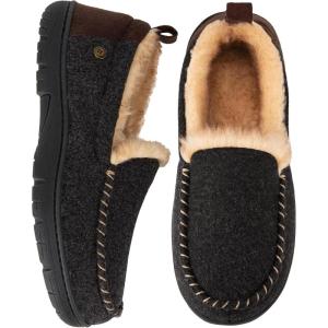HomeTop Men’s Memory Foam Moccasin Slippers Indoor and Outdoor Warm Fuzzy Fleece House Shoes(Carbon Black)
