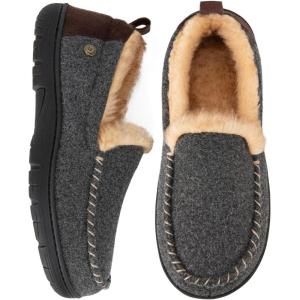 HomeTop Men’s Memory Foam Moccasin Slippers Indoor and Outdoor Warm Fuzzy Fleece House Shoes(Steel Gray)
