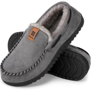 HomeTop Men’s Suede Memory Foam Moccasin Slippers Soft Plush Warm Lining House Shoes(Grey)