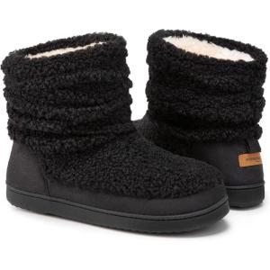 HomeTop Women’s Bootie Slippers Fuzzy Warm Memory Foam Indoor House Shoes with Non-slip Rubber Soles(Black)