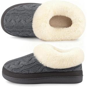 HomeTop Women’s Bootie Slippers Warm Soft Memory Foam Non-slip Indoor House Shoes with Fuzzy Collar(Grey)