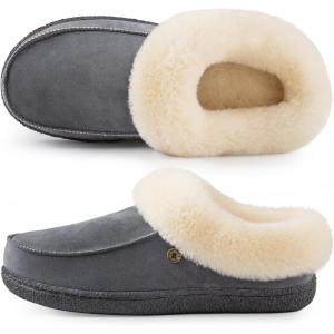 HomeTop Women’s Comfy Moccasin Style Memory Foam Slip on Slippers Soft Microsuede Clog House Shoes with Luxury Fuzzy Fur Collar(Foggy Gray)