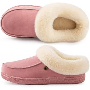 HomeTop Women’s Comfy Moccasin Style Memory Foam Slip on Slippers Soft Microsuede Clog House Shoes with Luxury Fuzzy Fur Collar(Rose Pink)