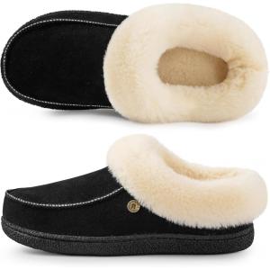 HomeTop Women’s Comfy Moccasin Style Memory Foam Slip on Slippers Soft Microsuede Clog House Shoes with Luxury Fuzzy Fur Collar(Timeless Black)