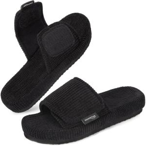 HomeTop Women’s Corduroy Open Toe Slippers with Adjustable Closure Memory Foam(Matte Black)