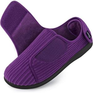 HomeTop Women’s Corduroy Slippers Comfy Adjustable Hook and Loop Memory Foam Indoor Closed-back House Shoes for Diabetic Swollen Feet(Mauve Purple)