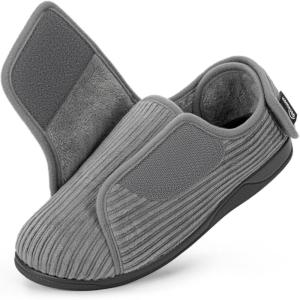HomeTop Women’s Corduroy Slippers Comfy Adjustable Hook and Loop Memory Foam Indoor Closed-back House Shoes for Diabetic Swollen Feet(Ultimate Gray)