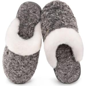 HomeTop Women’s Cute Fuzzy Memory Foam Scuff Slippers Comfy Bedroom Lightweight Indoor House Shoes with Luxury Fluffy Collar(Grey)