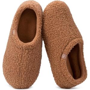 HomeTop Women’s Fuzzy Curly Fur Memory Foam Loafer Slippers with Polar Fleece Lining(Tan)