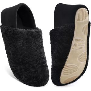 HomeTop Women’s Plush Slippers with Collapsible Microsuede Heel Indoor House Shoes(Matte Black)