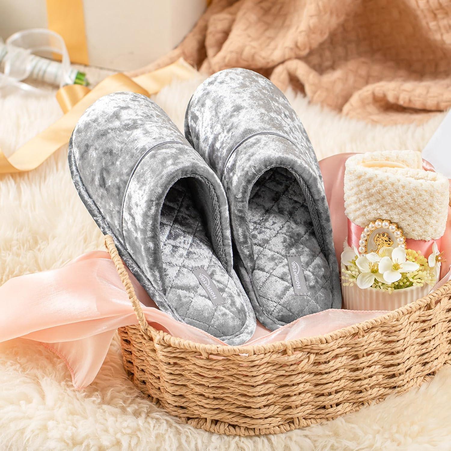 imageHomeTop Womens Luxury Diamond Velvet Memory Foam Scuff Slipper with Lightweight Rubber Sole