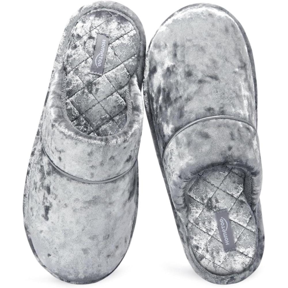 imageHomeTop Womens Luxury Diamond Velvet Memory Foam Scuff Slipper with Lightweight Rubber Sole