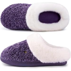 HomeTop Women’s Comfy Clog Slippers Soft Warm Non-slip Indoor House Shoes with Fuzzy Collar