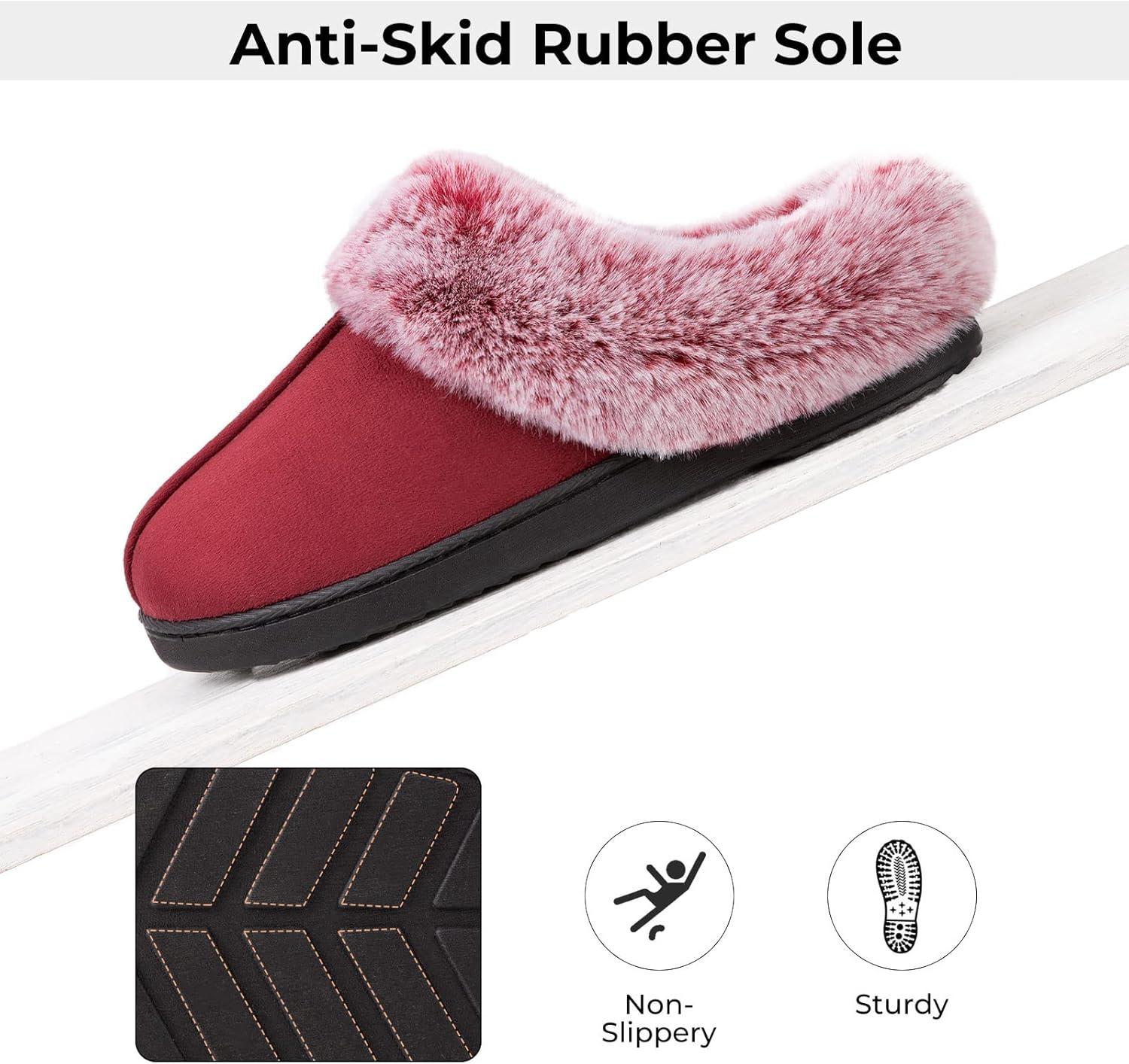 imageHomeTop Womens Classic Microsuede Memory Foam Slippers Durable Rubber Sole with Warm Faux Fur Collar 56 M Burgundy