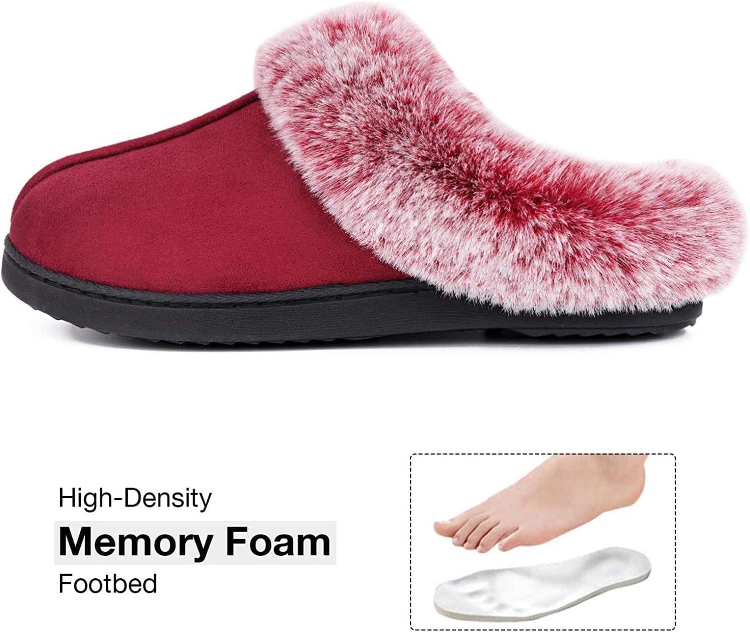 imageHomeTop Womens Classic Microsuede Memory Foam Slippers Durable Rubber Sole with Warm Faux Fur Collar 56 M Burgundy