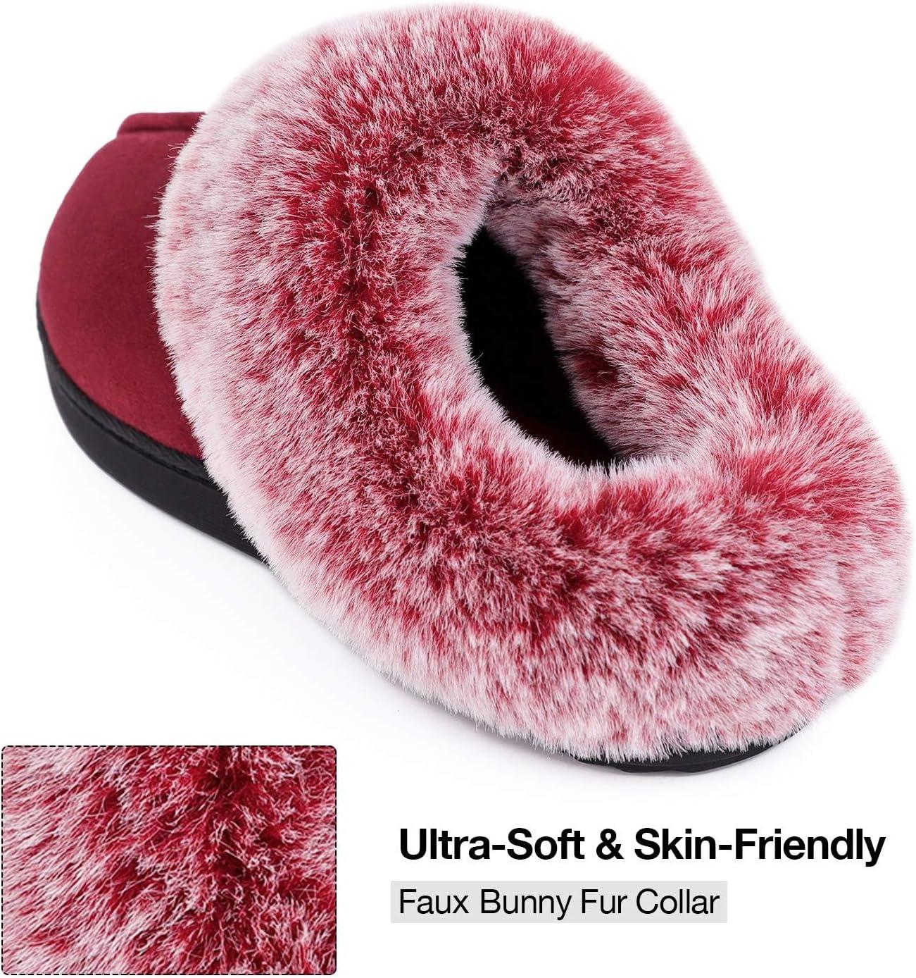 imageHomeTop Womens Classic Microsuede Memory Foam Slippers Durable Rubber Sole with Warm Faux Fur Collar 56 M Burgundy